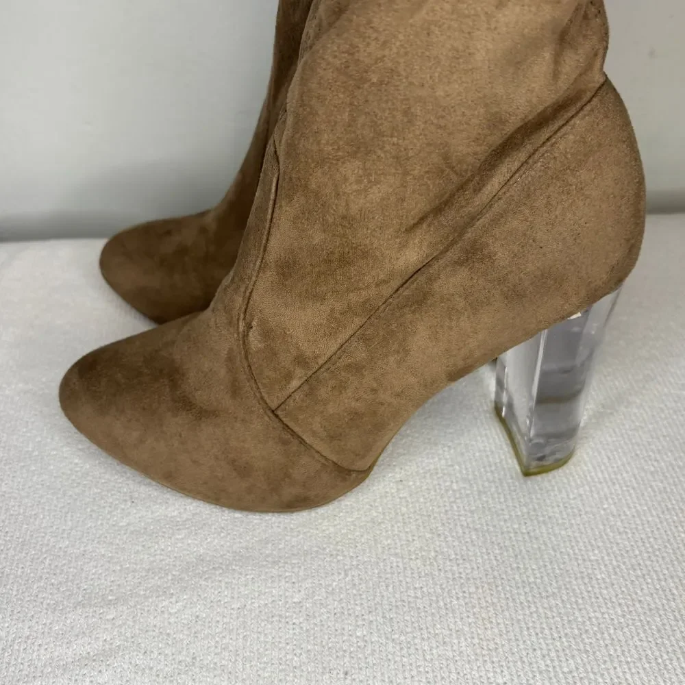 Wild Diva Lounge Over the Knee High Clear Lucite Heel Sexy Boots Women's 7 Brown - Picture 9 of 10
